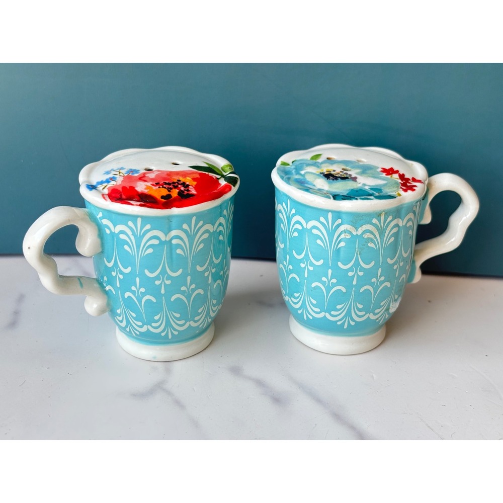 The Pioneer Woman Teal Ceramic Melody Teacup Salt and Pepper Shaker Set Floral